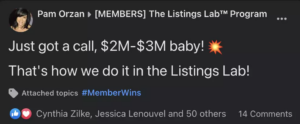 Screenshot of Pam Orzan Facebook Post Inside the Listings Lab Membership Where She Says: "Just Got a Call, $2M-$3m baby! That's How We Do It In The Listings Lab!" 